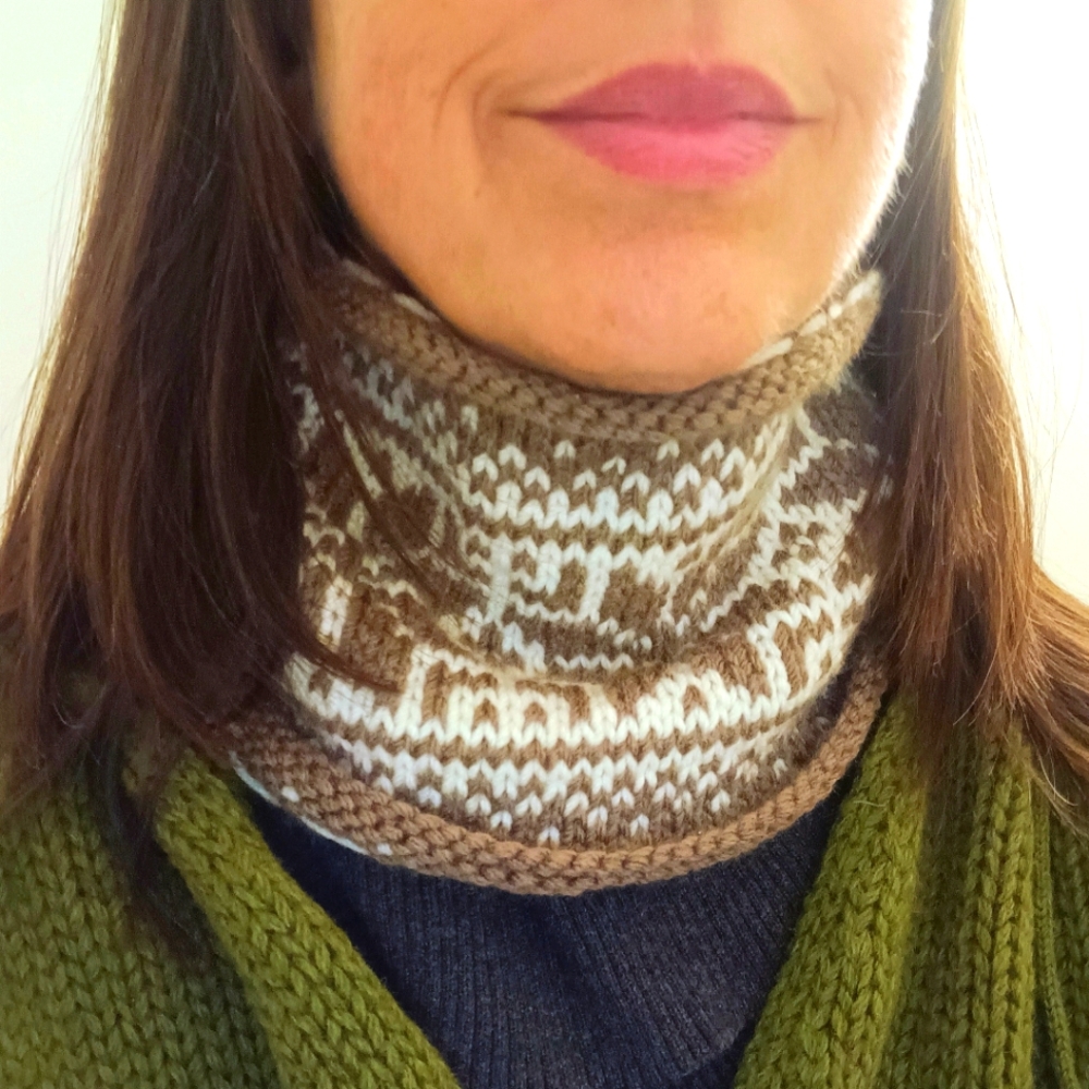 Handmade Handknit Taupe Brown & Ivory Scandinavian Snowflake Motif Cowl Scarf OS